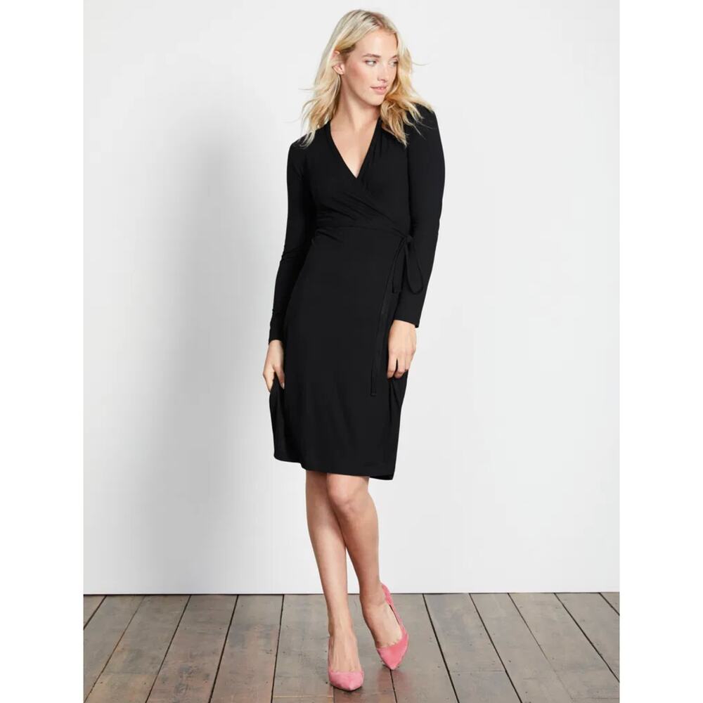 Boden True Wrap Dress Womens 12 Black Long Sleeve Jersey Stretch Knee Length